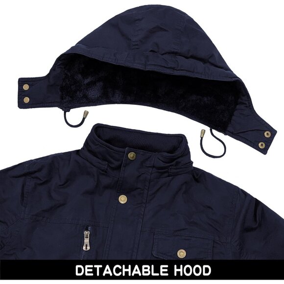 Mens Navy Thick Winter Jacket Hooded Fleece Lined Cotton Military Coat - Picture 5 of 6